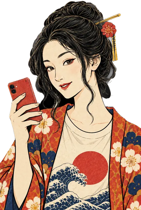 写楽の大首絵のように描いた、スマホを持つ女の子