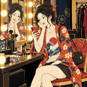 楽屋の鏡の前で、何を書くか悩む女の子
