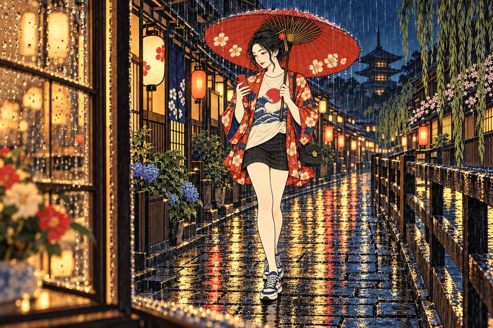 雨の夜、和傘をさして提灯の灯る濡れた石畳の道でスマホを見る女の子