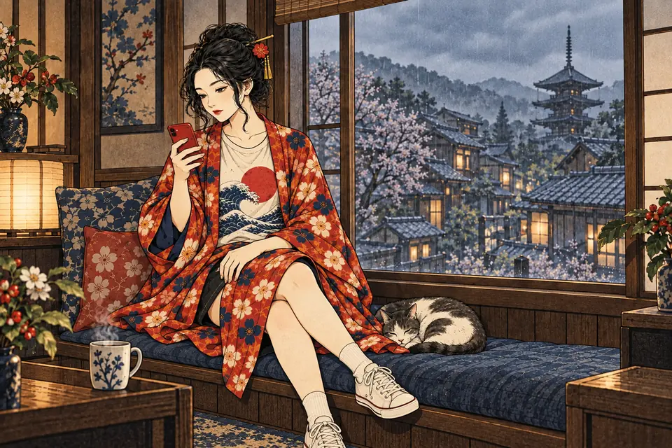 曇りの日、窓辺でぼんやりスマホを見つめる女の子と丸まった猫