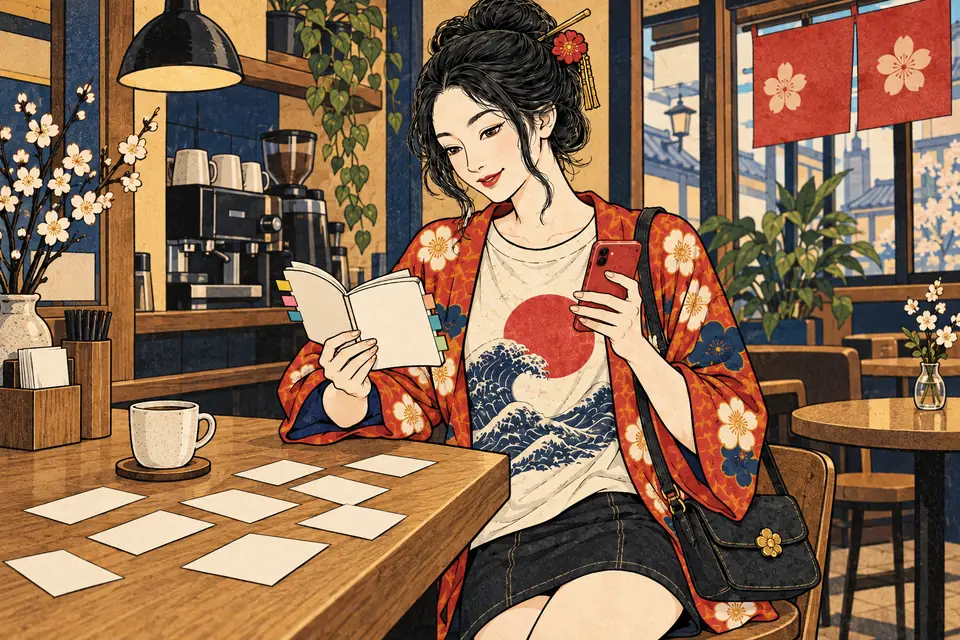 カフェでメモカードを並べて言葉を選ぶ女の子