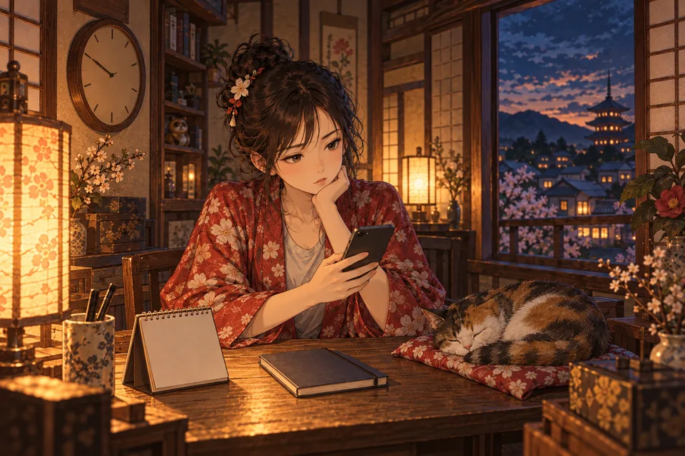 壁の時計とカレンダーの前で、スマホを手に頬杖をつく女の子と眠る猫