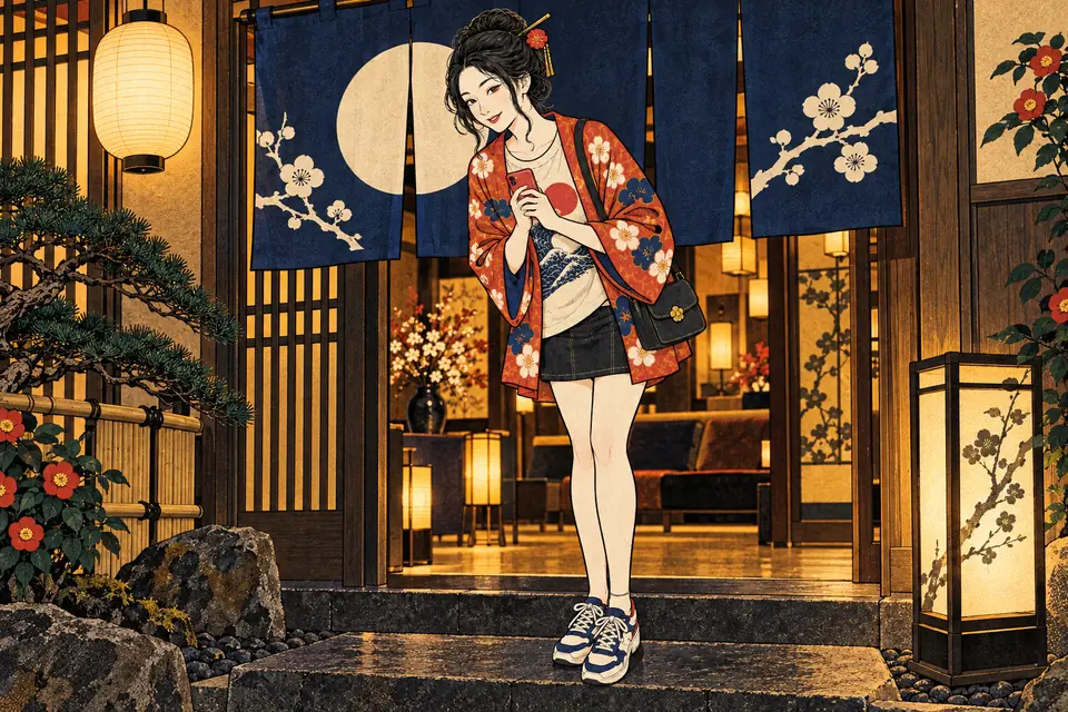 暖簾の前で自己紹介する女の子