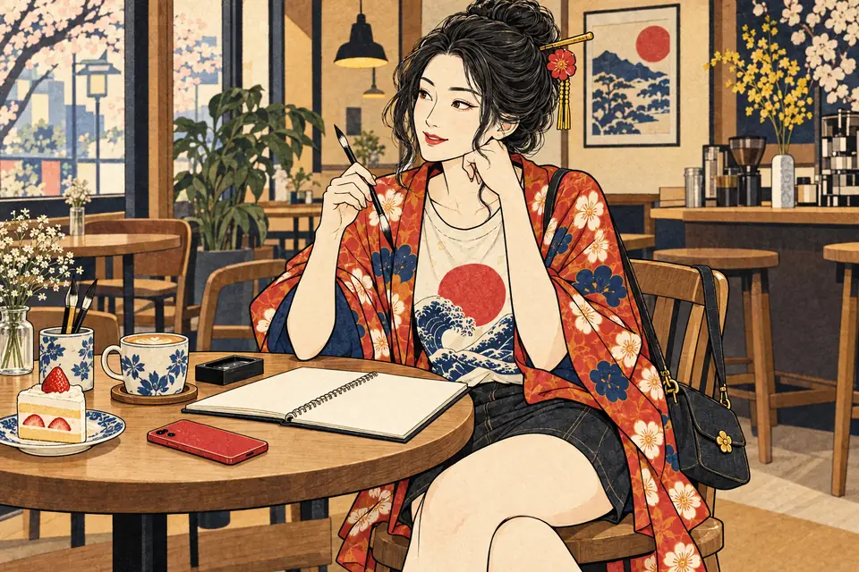 カフェでノートと筆とスマホを前に、文章を考える女の子