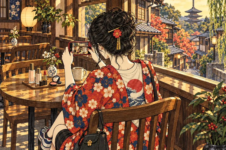 顔は見せず、カフェのテーブルのコスメや小物をスマホで撮る女の子の後ろ姿