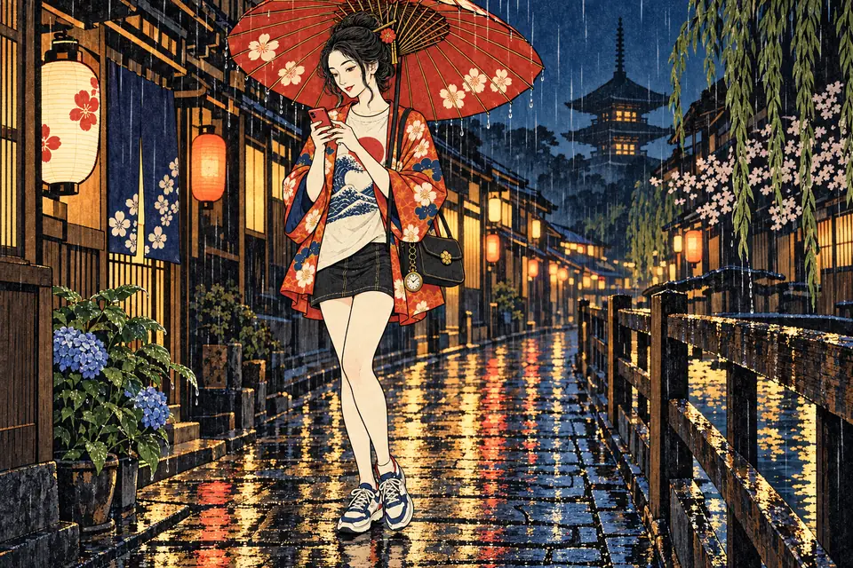 雨の夜道を和傘をさして急ぐ女の子