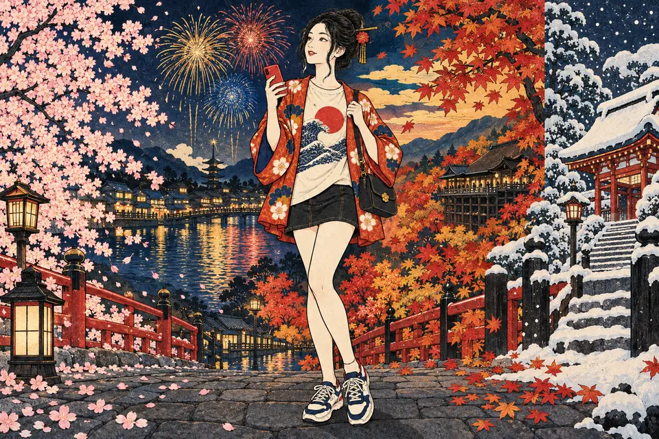 桜・花火・紅葉・雪の四季を描いた絵