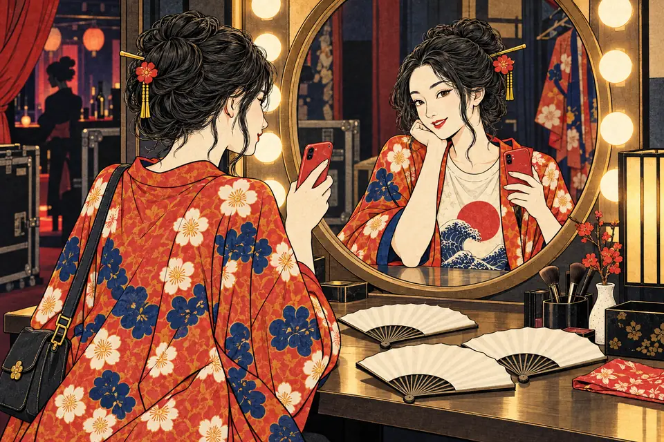 楽屋の鏡の前でスマホを打つ女の子