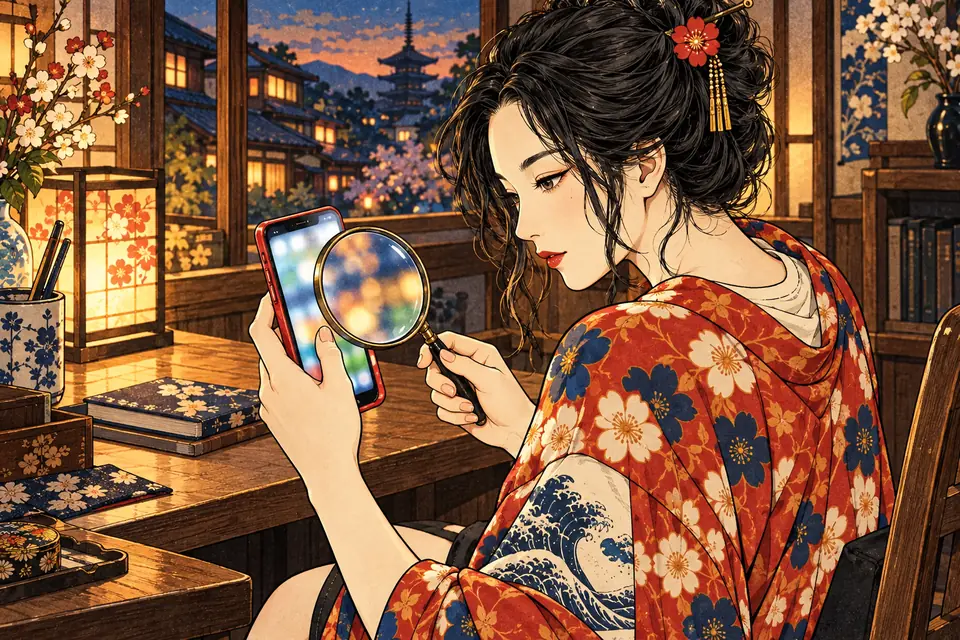 スマホの写真を虫眼鏡で拡大し、背景や映り込みを確かめる女の子