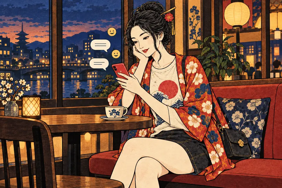 夕暮れのカフェの窓辺で、スマホを読んで微笑む女の子