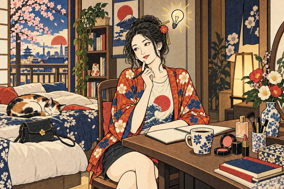 休みの日の部屋で、眠る猫やコーヒーから日記のネタを探す女の子