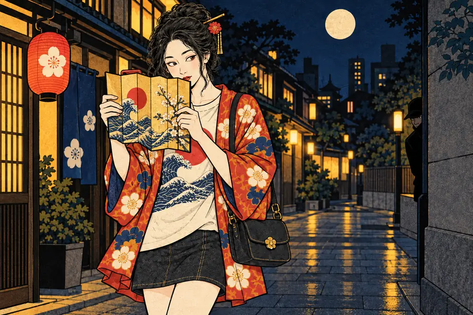 夜の路地で扇子を手にスマホを見る女の子