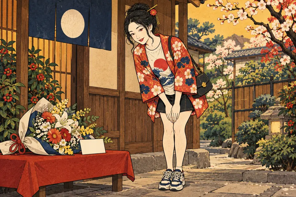 花束とお礼の封筒を前に、ていねいにお辞儀する女の子