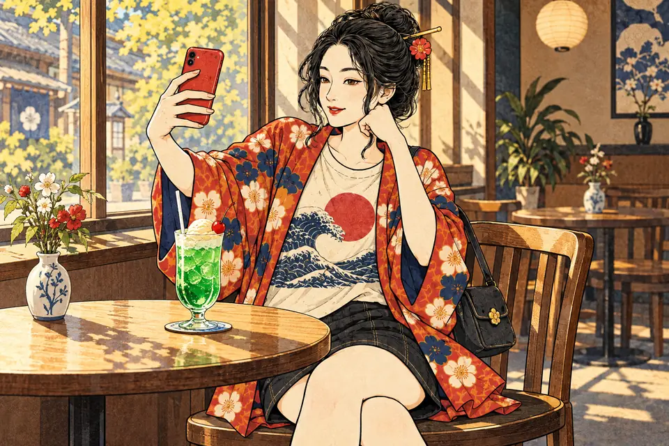 カフェでクリームソーダと自撮りする女の子