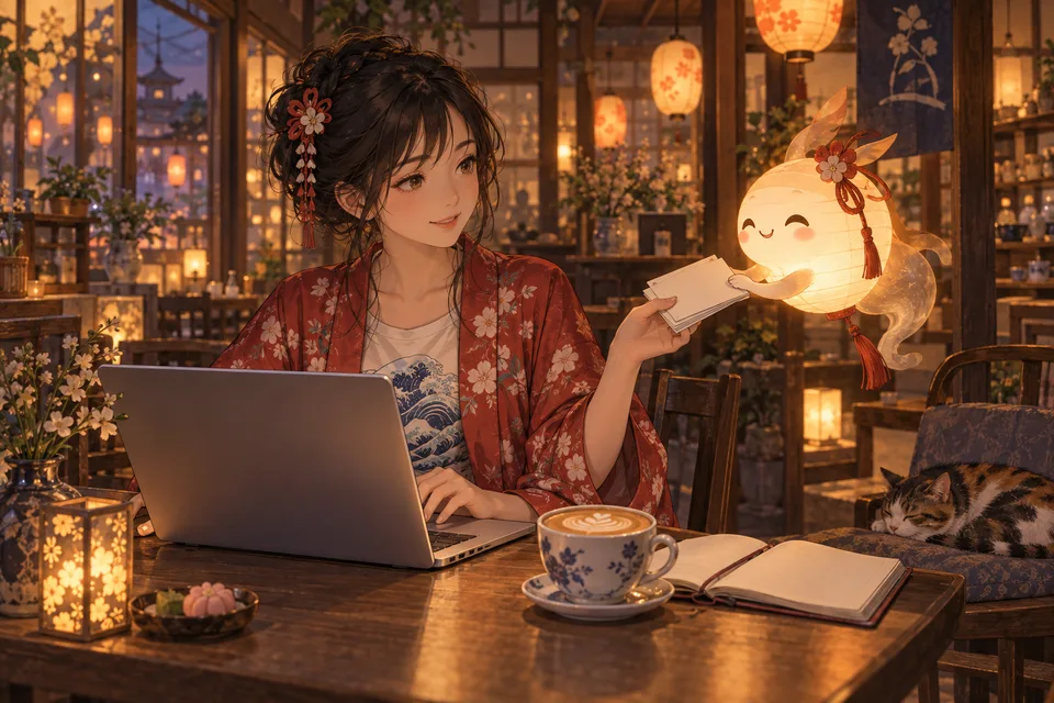カフェでノートパソコンを使う女の子に提灯の精がメモカードを渡す場面