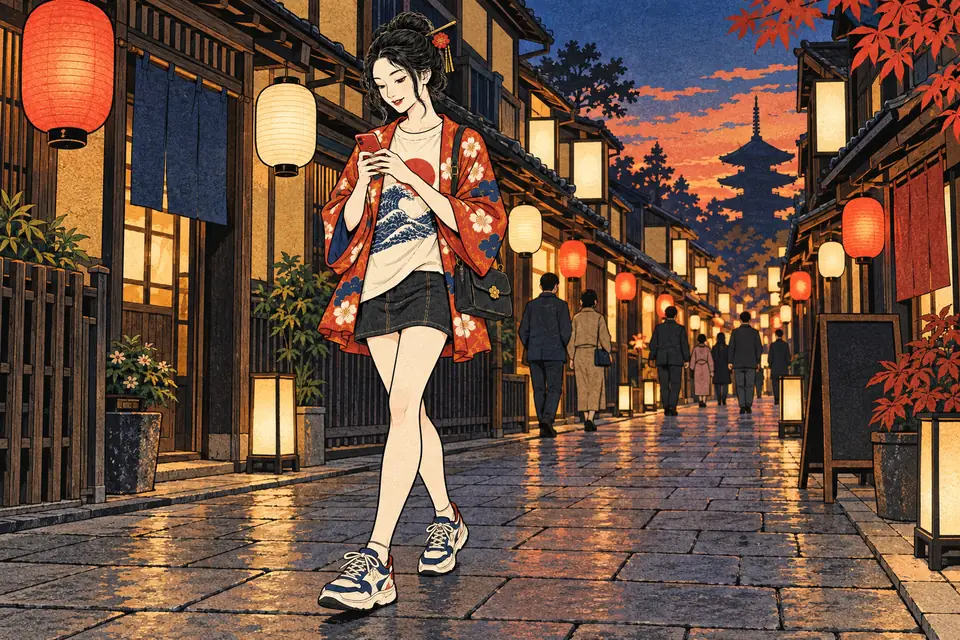 提灯の灯る夕方の街を、スマホで短い文を打ちながら出勤する女の子
