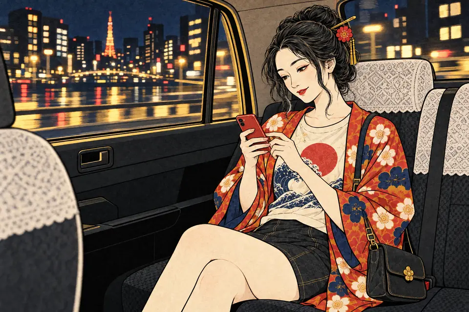 深夜のタクシーで、スマホを打ちながら帰る女の子