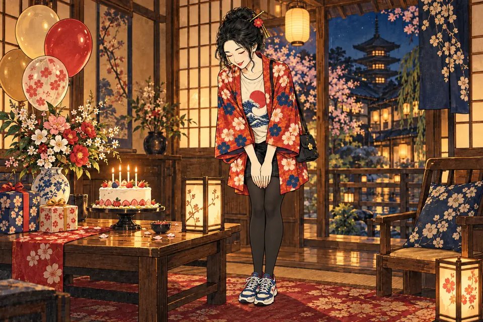 ケーキと風船と花束の前で、感謝を込めてお辞儀をする女の子