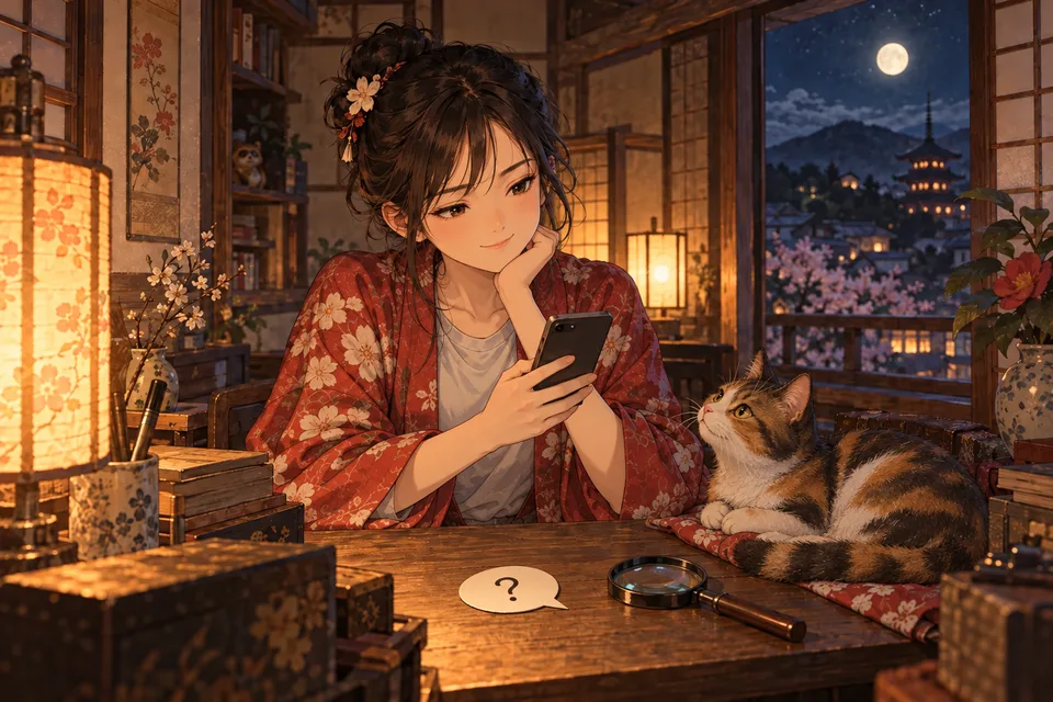 夜の机でスマホを見ながら、吹き出しの「?」を前に頬杖をつく女の子と猫