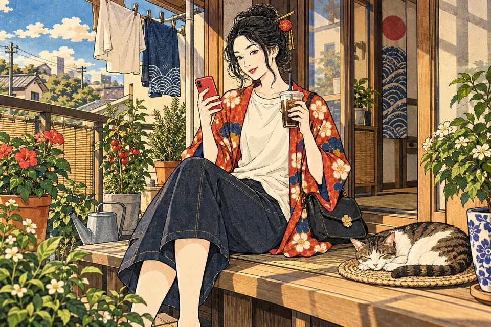 縁側で猫とくつろぐ女の子