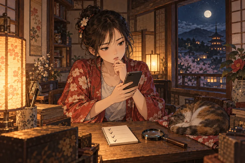 夜の机でスマホを見つめて考え込む女の子、チェックのメモ帳と虫眼鏡と猫