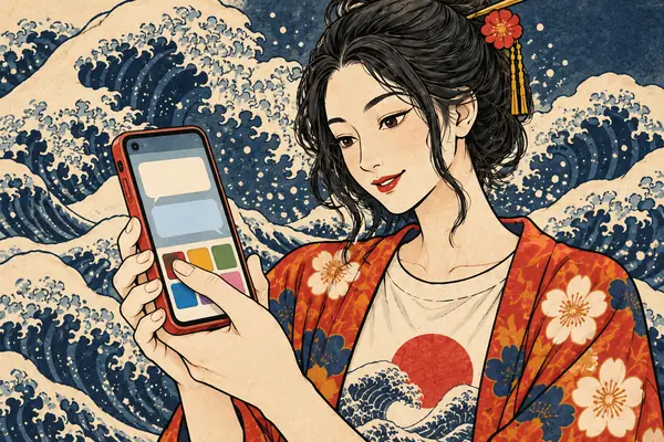 LINEのメニューボタンを親指で押す手元のイラスト